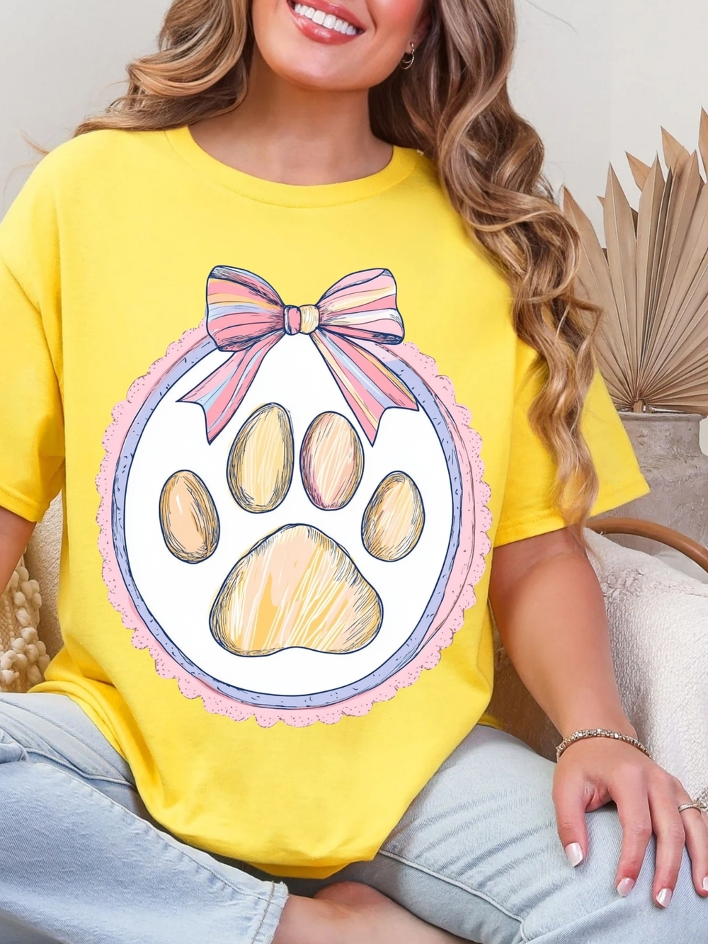 Gildan Yellow Short Sleeve Tee with Paw Print & Pastel Bow